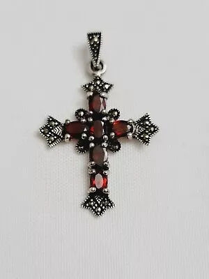 Vintage Genuine Garnet & Marcasite Cross Religious Pendant • $48