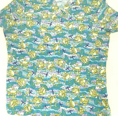 Comfy Cotton Scrubs Tops Womens Large V-Neck Short Sleeve Flying Frogs Dragonfly • $9.50