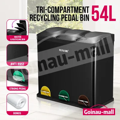 54L Triple Pedal Rubbish Bin Steel Kitchen Waste Garbage Can Recycle Dustbin • $139.39