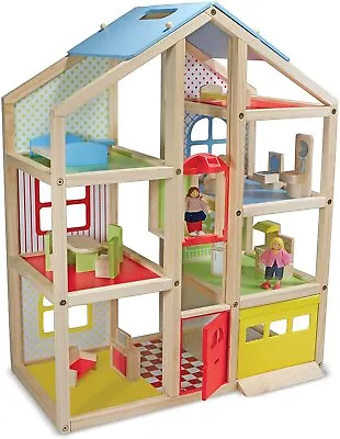 Melissa & Doug Hi-Rise Wooden Dollhouse With 15 Pcs Furniture • $74.99