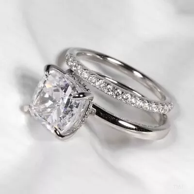 3.34TCW Cushion Moissanite Bridal Set Engagement Ring In 14k White Gold Plated • $154.98