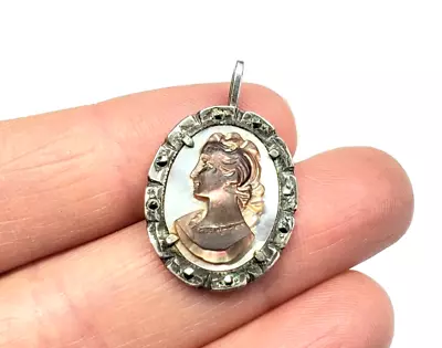 Vintage Sterling Silver Carved Shell Cameo Marcasite Mother Of Pearl Pendant • $59.99