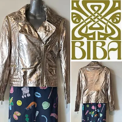 £409.20 • Buy BIBA London 70s Gold Textured Leather Zip Motorcycle Jacket, Detachable Slvs M