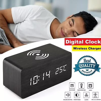 Digital Alarm Clock Wooden Table Desk Bedside LED Clock With Wireless Charger • $38.99