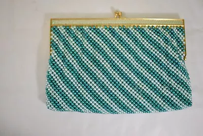 Vintage Plastic White With Green  Faceted Bead Handbag Purse Bag Clutch 1950s • $30