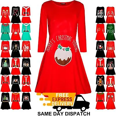 Womens Christmas Pudding Ladies Maternity Mummy's Mini Round Neck Swing Dress • £9.69