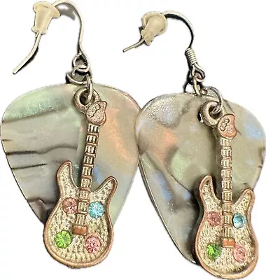 Electric Guitar Charm Fender Pick Earrings Rhinestones Handmade USA Jewelry • $12