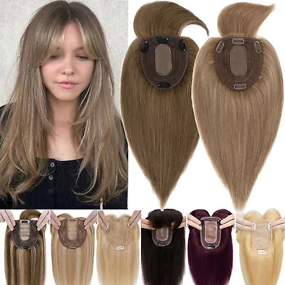 Topper Hairpiece Clip In 100% REMY Human Hair Toupee Top Mono Silk Base Wig Bang • $55.46
