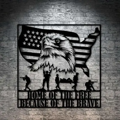 Military Eagle Sign Home Of The Free Veteran Day Metal Sign Wall Art Decor • $69.99