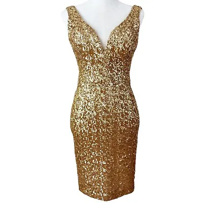 Vicky Tiel Gold Sequin Bodycon Dress Size 0 Sleeveless Short Mini Party Cocktail • $89.99
