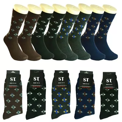 3-12 Pairs Mens Multi-Color Square Argyle Cotton Casual Dress Socks Size 10-13 • $9.99