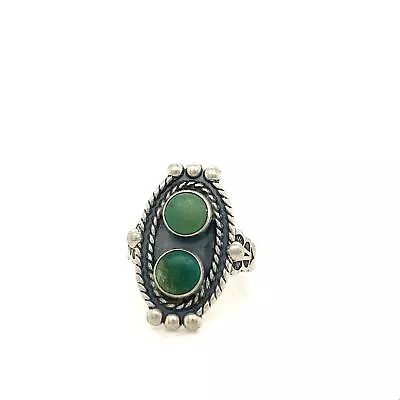 Vtg Sterling Southwest Two Green Turquoise Stone Overlay Tribal Stamp Ring 6 1/2 • $45