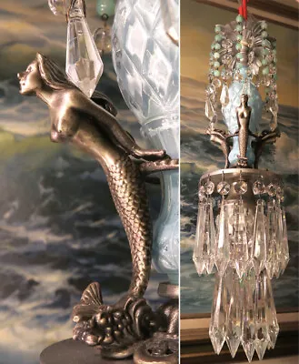 Silver Metal Mermaid Swag Lamp Chandelier Blue Glass Brass Silver Crystal Beads • $469
