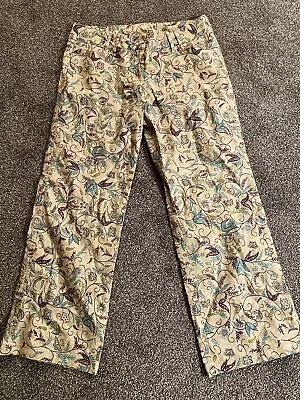 Vintage Express Capri Pants Cropped Stretch Pants Beige Aqua Print 5/6 • $12.99