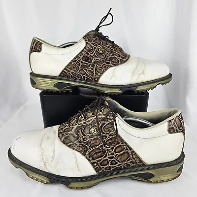 Footjoy Dryjoys Tour Golf Shoes White Brown Croc Leather 53754 Mens Size 12 M • $29.99