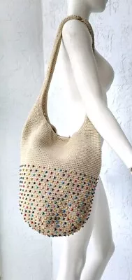 The Sak Back To Bali Limited Edition Ecru Multi Beads Hobo Shoulder Bag Handmade • $39.95