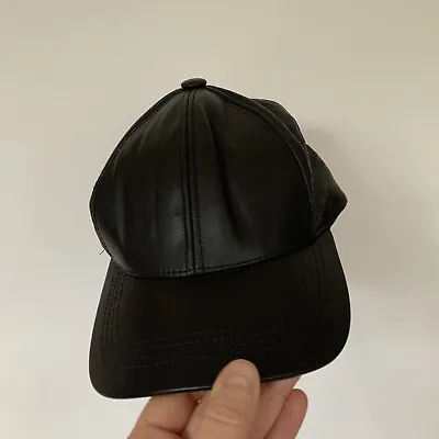 Leather Baseball Cap Hat Genuine Black Adjustable Hook Loop Real Made In USA • £17.99