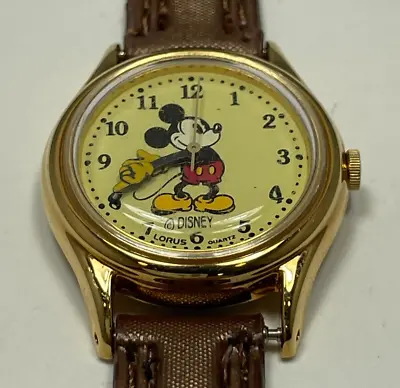 Disney Lorus Mickey Mouse Watch V515-6080 Gold Tone Case Brown Leather Band • $21