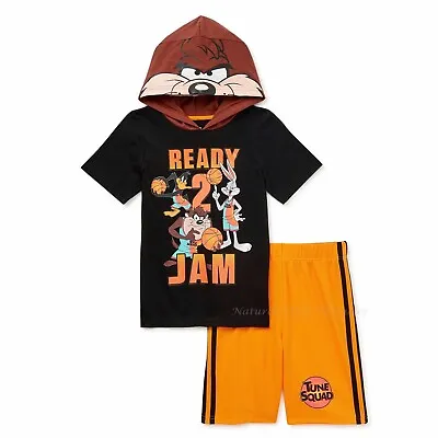 SPACE JAM Hoodie Shirt Shorts Boy Size 4-10 Set TUNE SQUAD TAZ Costume Mask Hood • $21.35