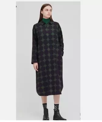 Marimekko & Uniqlo Shirt Dress L Blue/Green Circle Pattern Flannel LS Modest • $40