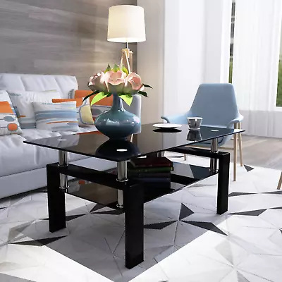 Black Glass Rectangular Coffee Table Modern W/Shelf Wood Living Room Furniture • $139.41