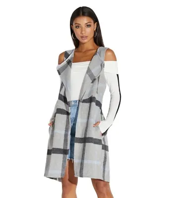 Favlux Long Plaid Vest Women's Size S Gray Blue Black Open Front With Pockets • £31.23