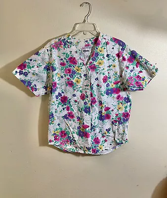 Vintage Gitano Size M Floral Multicolored Button Front Top Shirt Denim Feel 80’s • $9.69