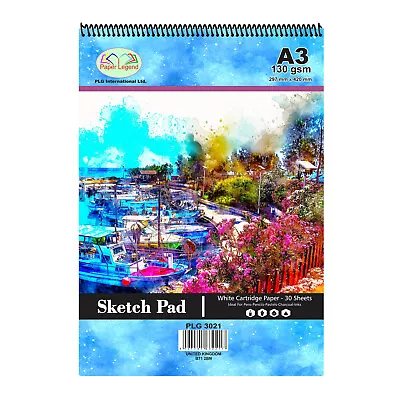 A3 Sketch Pad 30 Sheets 130 Gsm Spiral Double Sided White Smooth Cartridge Paper • £8.19