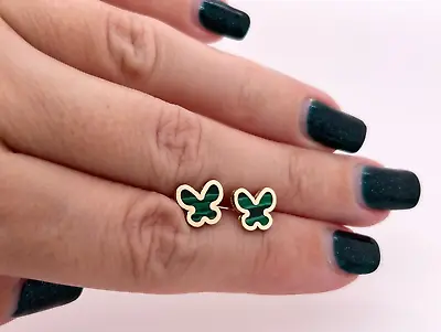 14K Yellow Gold Green Malachite Butterfly Shape Push Back Stud Earrings • $199.99