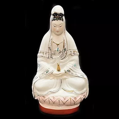 Chinese Porcelain Quan Yin On Lotus Statue 8  Mid-Century 1960's In Original Box • $41.23