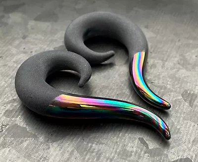 PAIR Two-Toned Matte & Rainbow Glass Spiral Hanging Tapers Expander Plugs Gauges • $19.95