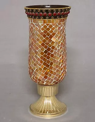 Candle Holder Brass Orange Mosaic Glass Shade  4 D X 10.5 High  FREE SHIPPING • $21.95