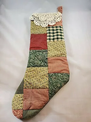 Patchwork Christmas Stocking Doily Country Holiday Seasonal Handmade 20  VTG  • $16.99