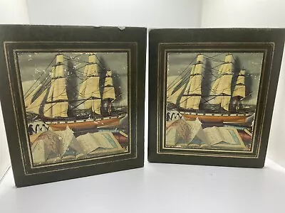 Pair Vintage Sail Boat Themed Faux Green Leather Bookends • $10