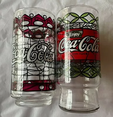 Set Of 2 Vintage Coca Cola Stained Glass Drinking Glasses Different Designs  • $9.89