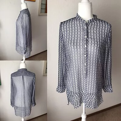 Joe Fresh Blue Pattern Semi Sheer LS 7 Button Placket Tunic Top Woman Small • $14