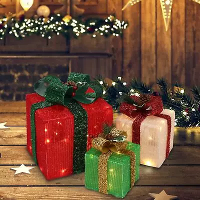 $27.99 • Buy Set Of 3 Christmas Lighted Gift Boxes Decorations Indoor Outdoor 60 LED Light Up
