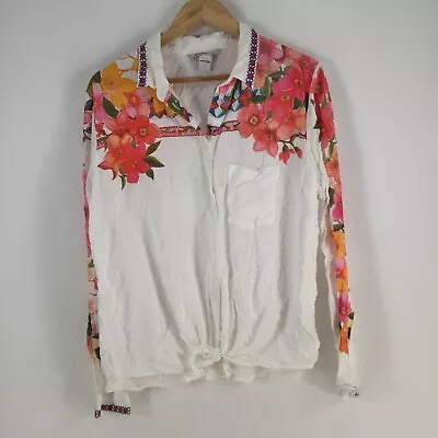 Desigual Womens Button Up Shirt Size 2XL White Floral Long Sleeve Viscose 080297 • $29.95