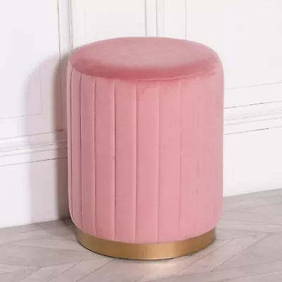 SECONDS Pink Velvet Upholstered Round Stool Pouffe • £9.99