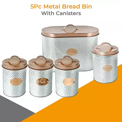 5PCs Metal Bread Bin Storage Box Canister Set Lid Tea Coffee Sugar Biscuits Jar • £16.85