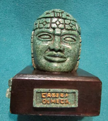 Ancient Olmec Head Aztec Mayan Figurine Green Crushed Stone Mexico Wooden Stand • $59.99