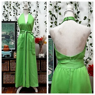 Vintage 60s 70s Halter Hostess Gown Dress Green Pockets Open Back Mod Maxi XS • $124.99