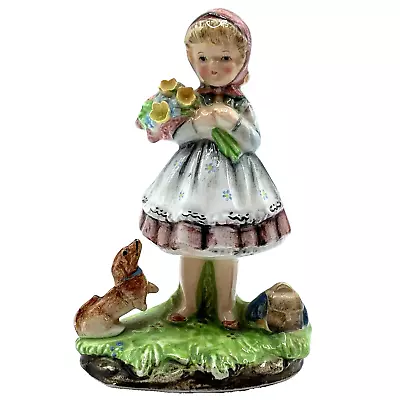 Vintage Girl Figurine With Flowers And Dog Japan Hand Painted Home Shelf Decor • $14.99