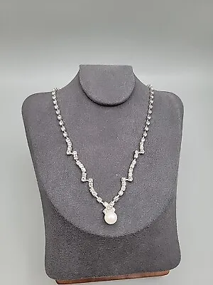 Vintage Rhinestone Y Drop Faux Pearl Necklace 18  Silver Tone • $38