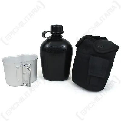 Black Water Bottle With Cup And Cover - 1L Canteen Army Military Cadets Webbing • £18.95