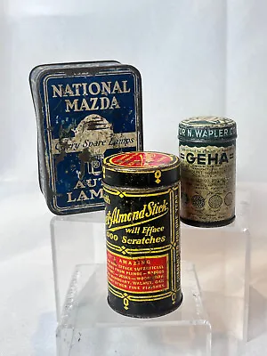 Vtg National Mazda Auto Lamps GEHA Fish Food & Zenith Tibet Almond Stick Tin Lot • $29.95