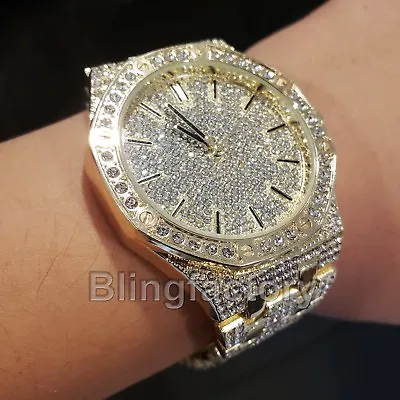 Men's Luxury Style Iced Bling Gold Plated Simulated Diamond Bracelet Metal Watch • $29.99