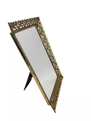 Vintage Mirrored Vanity Dresser Perfume Tray Gold Filigree Ornate Metal Frame • $27.96