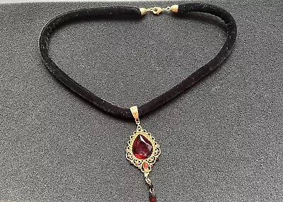 Gold Tone Garnet Colored Stone Choker Necklace On Black Velvet • $12.50