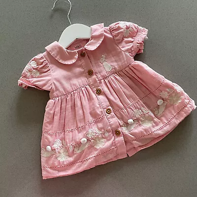 Baby Girl 0-3 Months Marks And Spencer Peter Rabbit Pink Embroidered Lined Dress • £7